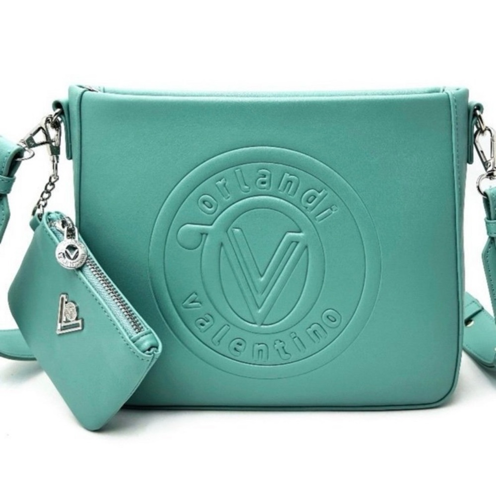 Valentino Orlandi Teal Crossbody Bag with Embossed Logo and matching wallet.